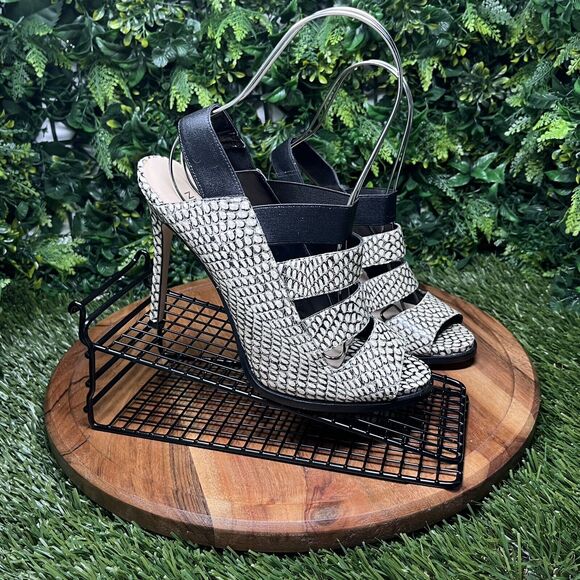 NINE WEST Heels‎ Women 9 Black White Snake Print Open Toe Sling back 2108 - Picture 7 of 13